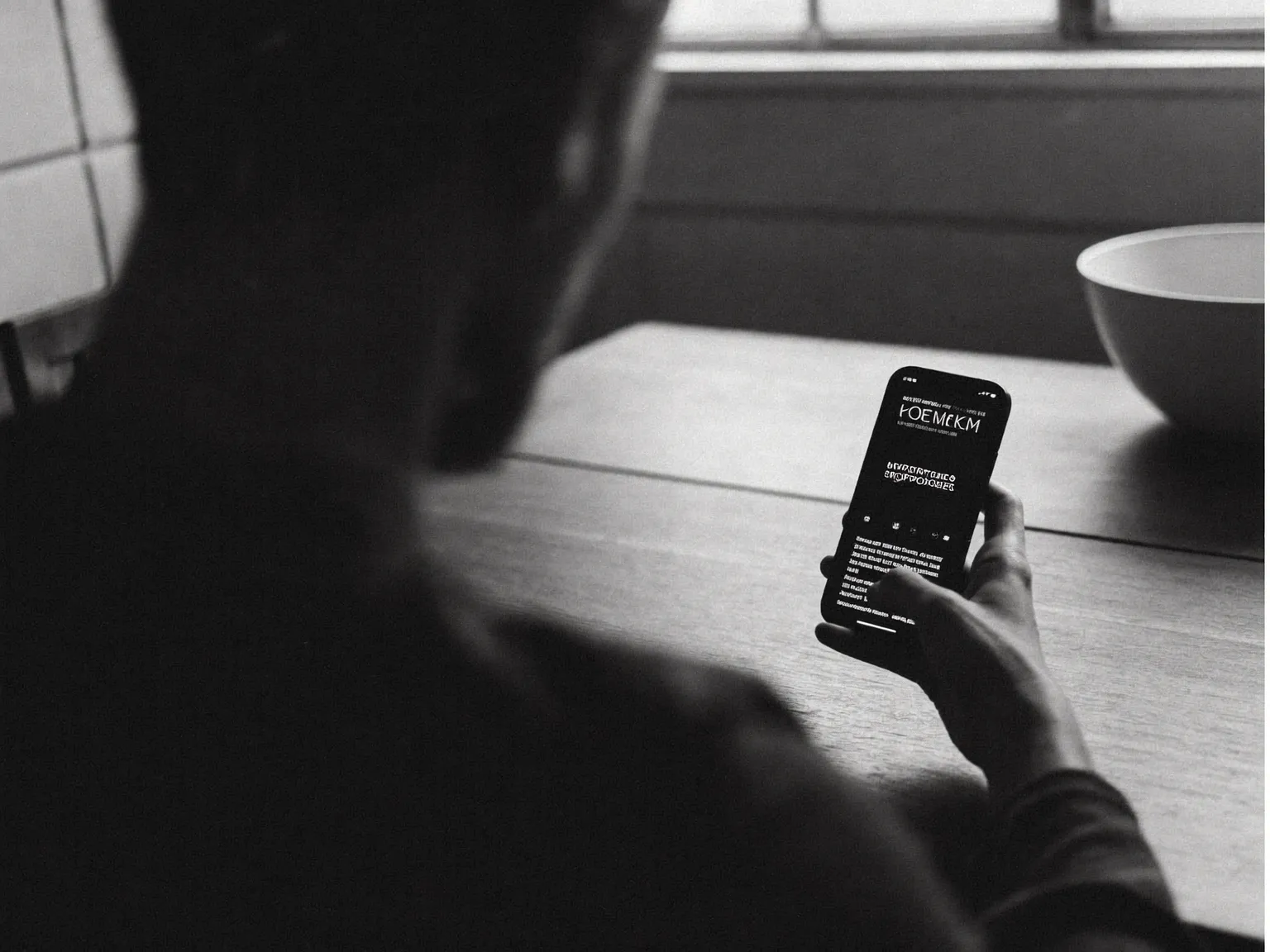 Black and white photograph over the shoulder of a homeowner searching on a smartphone at a kitchen table