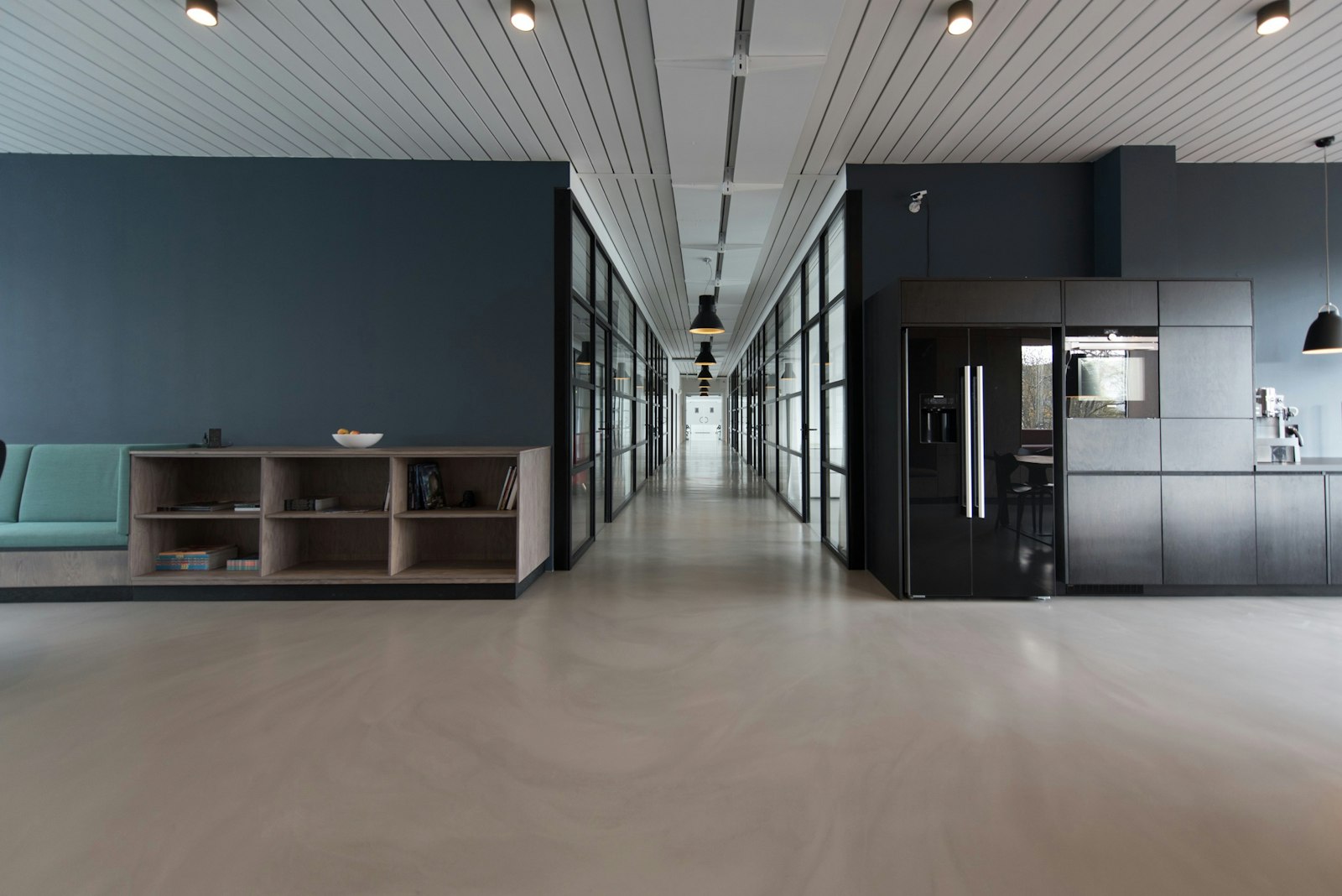 A finished polished-concrete interior floor