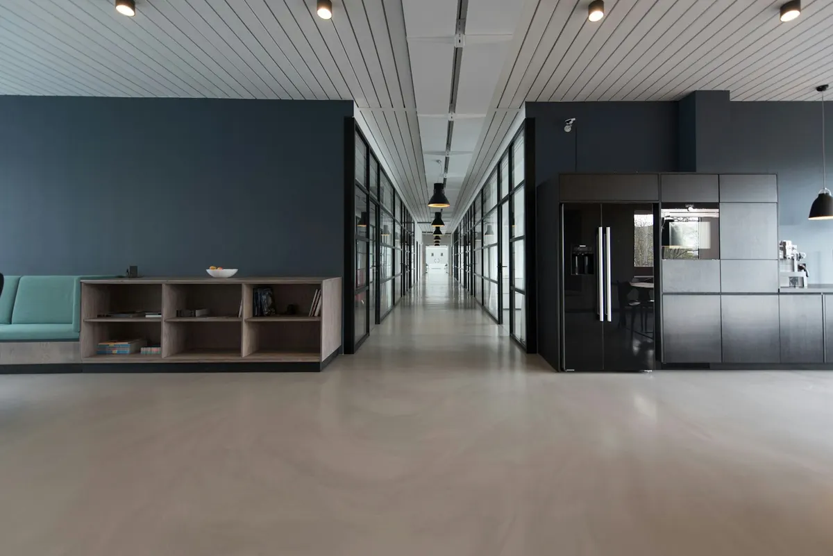A finished polished-concrete interior floor