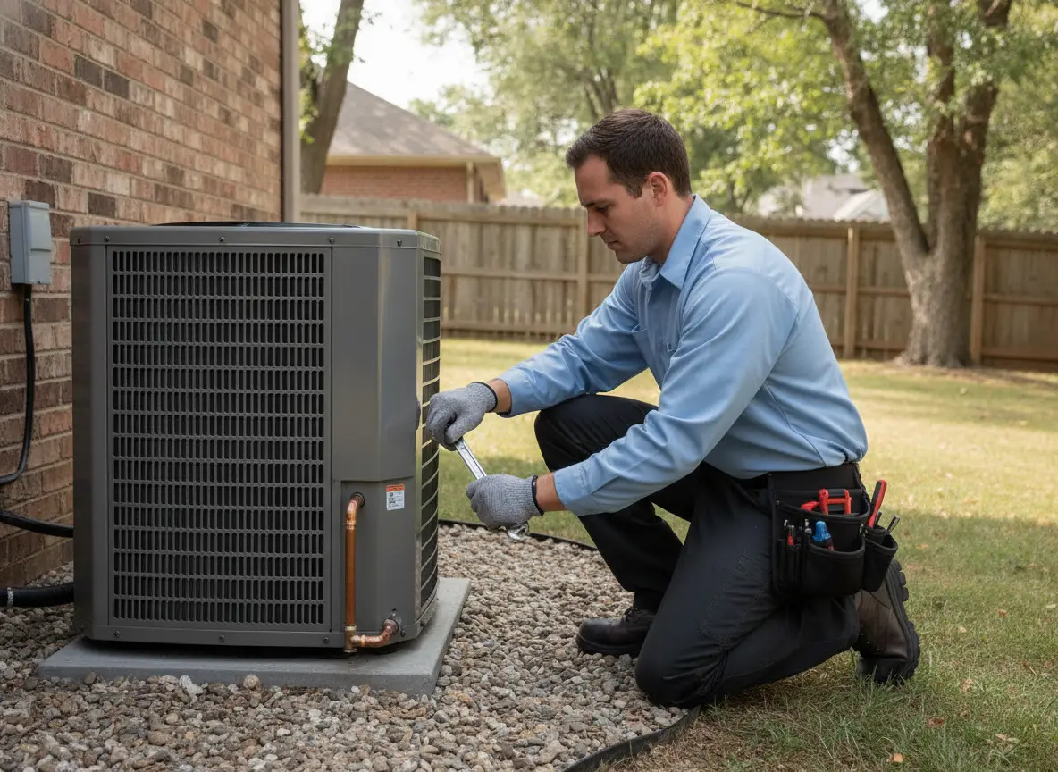 HVAC technician installing an outdoor AC condenser unit