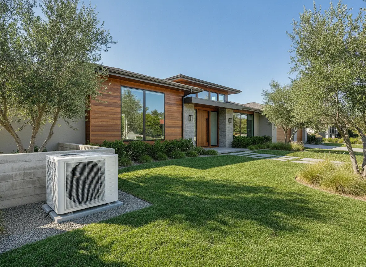 Modern home exterior with a neat outdoor AC condenser unit on a concrete pad
