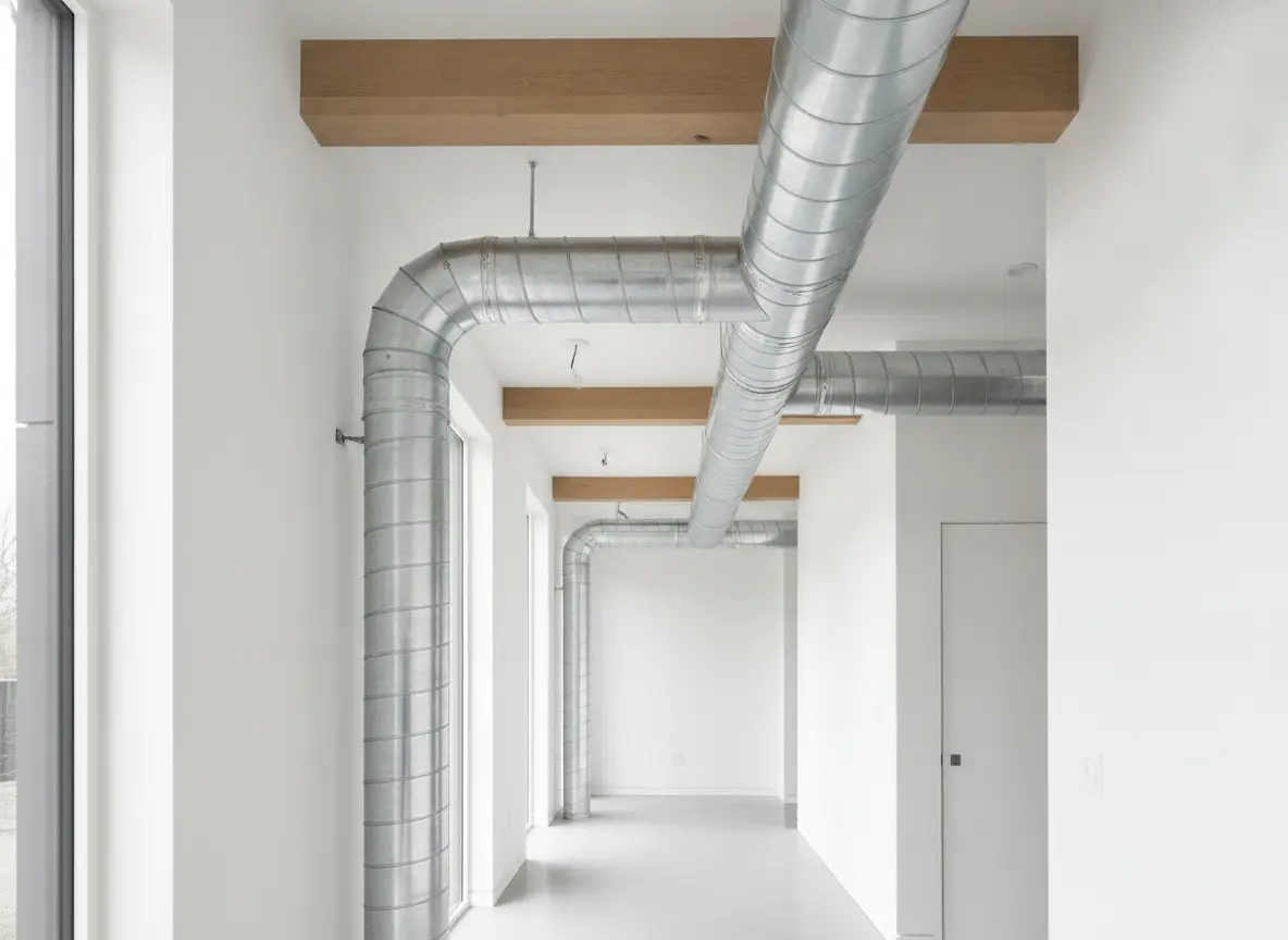 Clean new sheet-metal ductwork running through a modern home