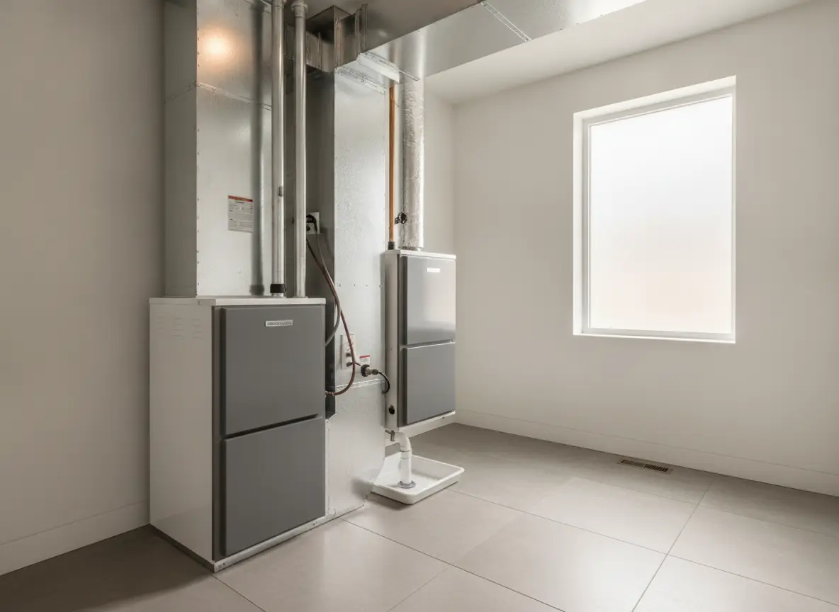 High-efficiency furnace and air handler in a clean utility room