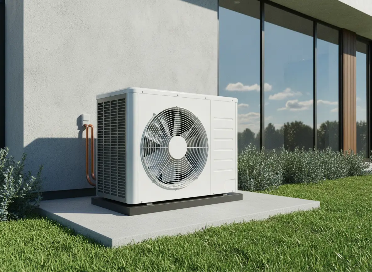 Brand-new outdoor AC condenser and heat pump freshly installed beside a home