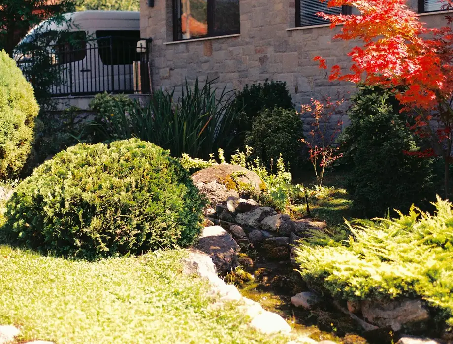 A stone path winding through autumn garden planting