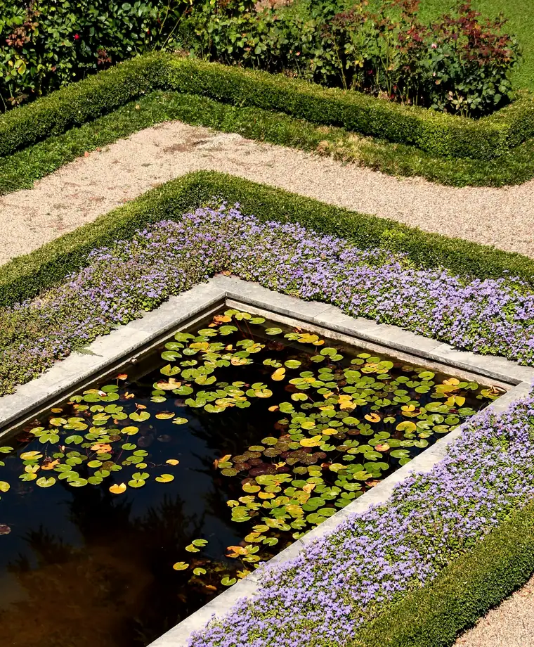 A formal reflecting pond in a landscaped garden