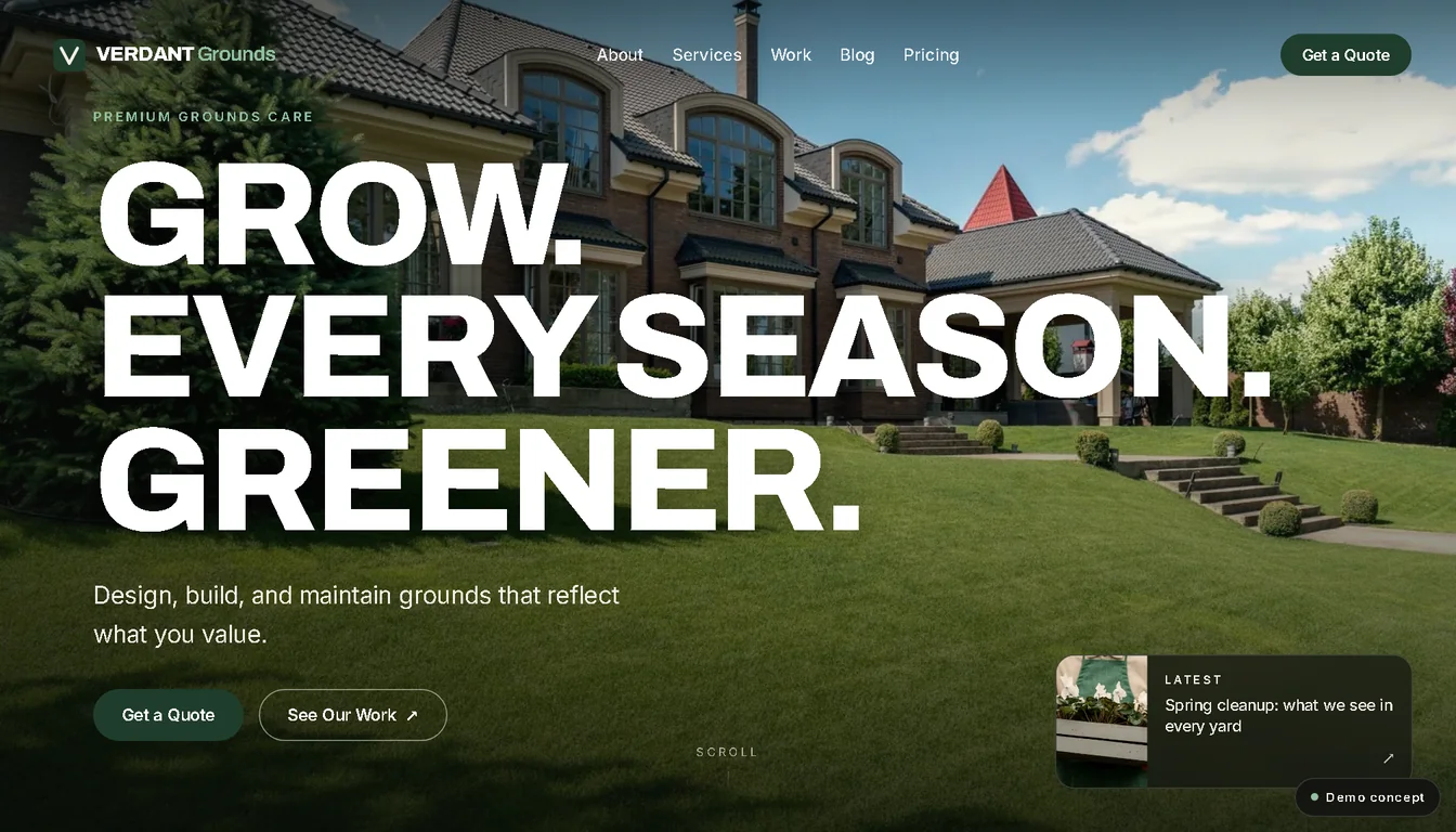 Homepage of a high-end landscaping website designed by QuoteWell