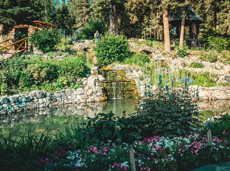 A designed garden with a water feature and lush planting