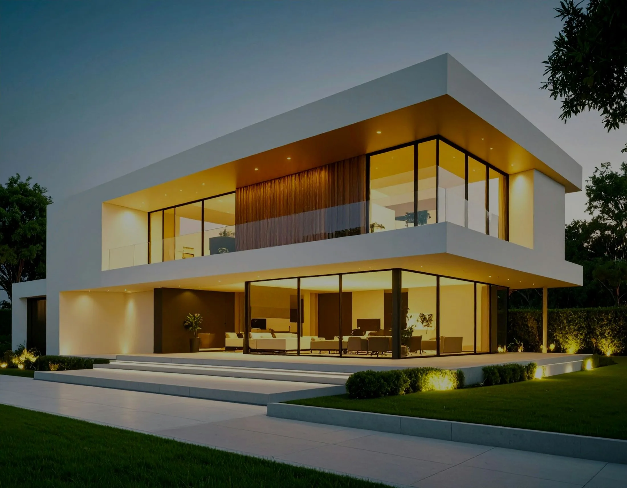 A modern home glowing warm against the dusk