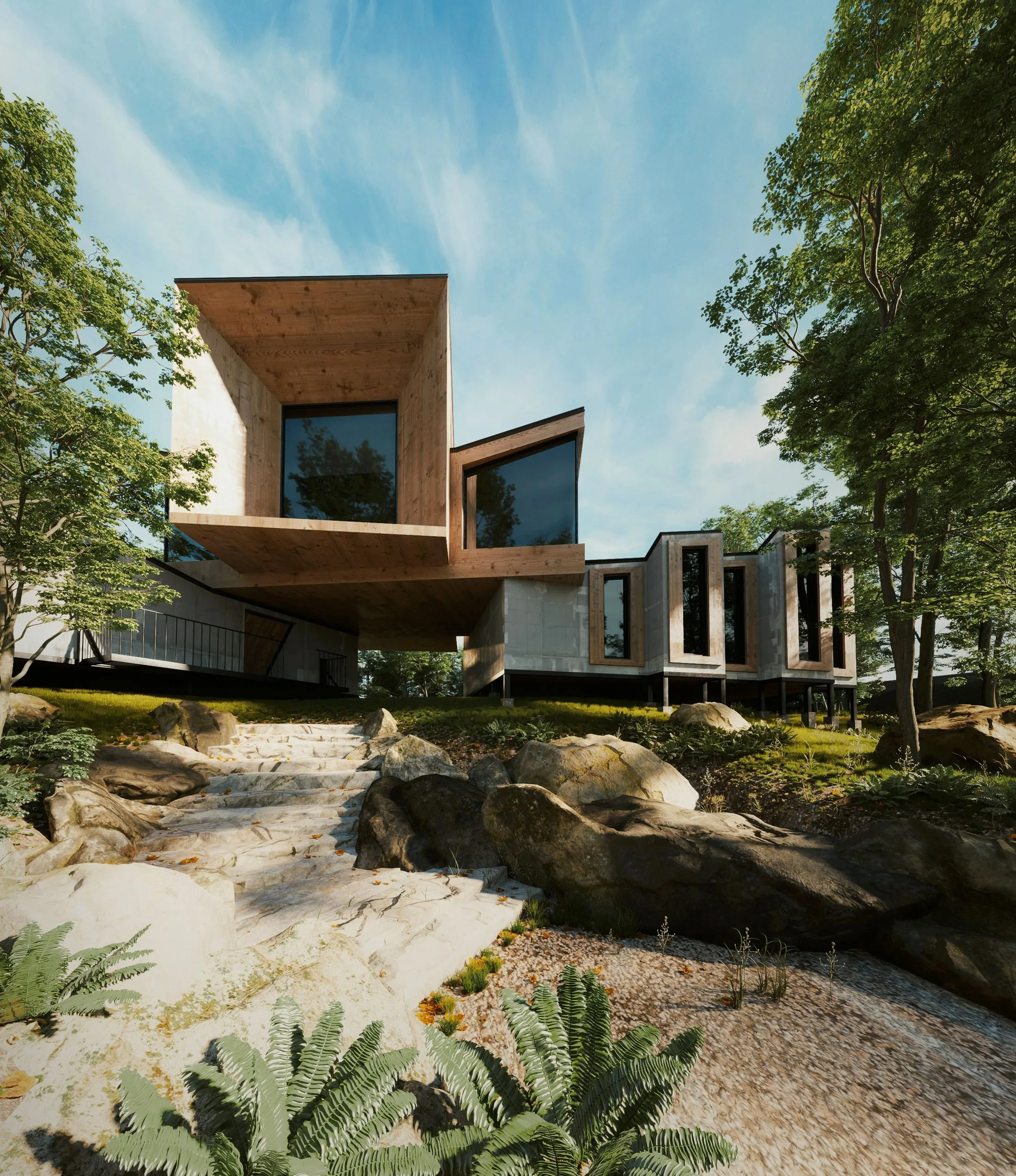 A cantilevered modern home set into a rocky hillside