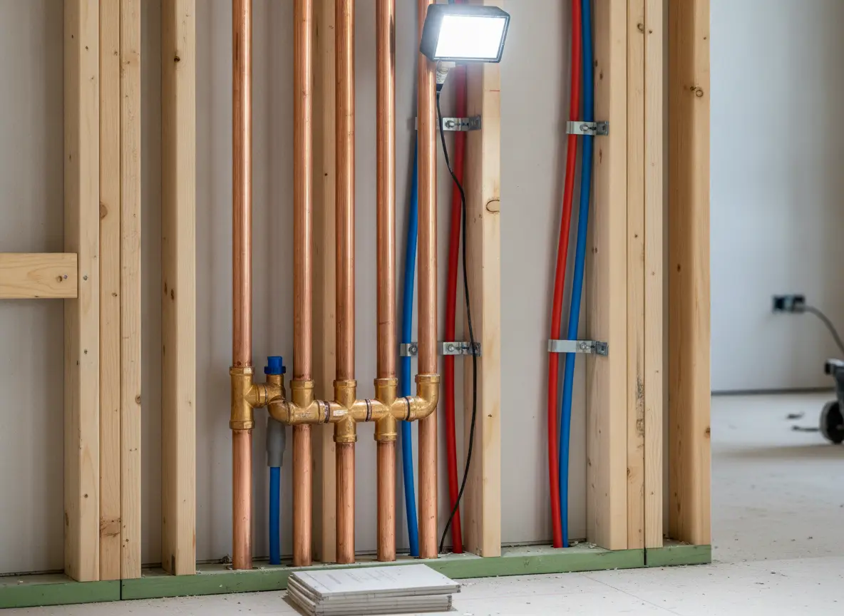 Neat new copper and PEX water pipes installed in an open wall
