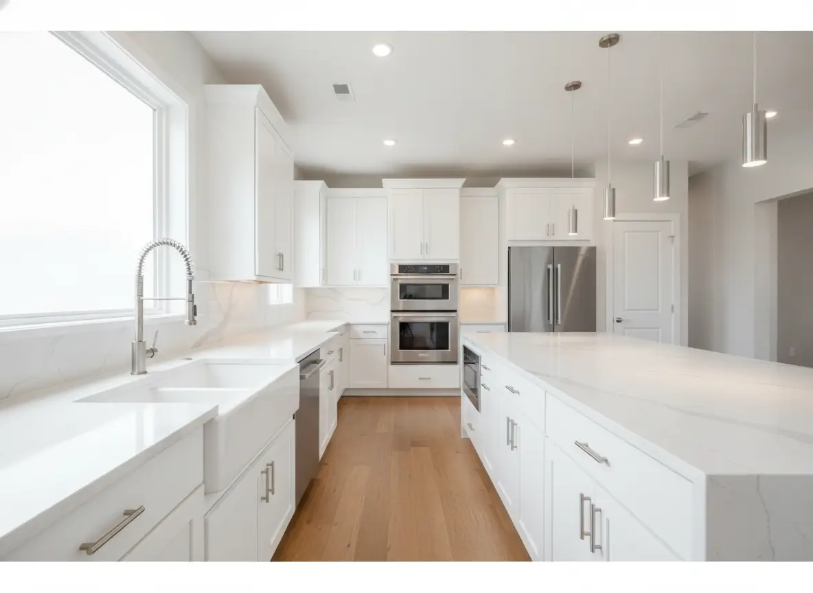 Modern kitchen with a designer pull-down faucet over a farmhouse sink