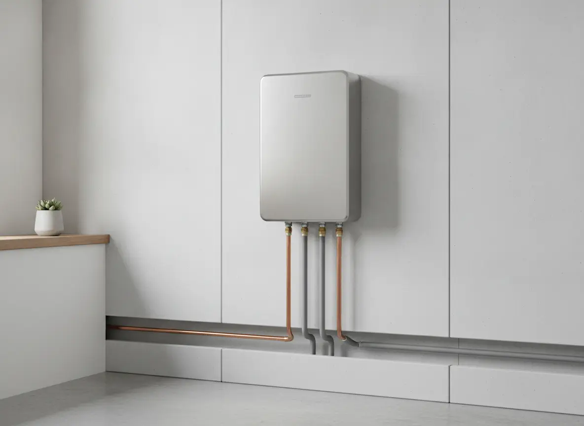Sleek tankless water heater mounted on a clean utility wall