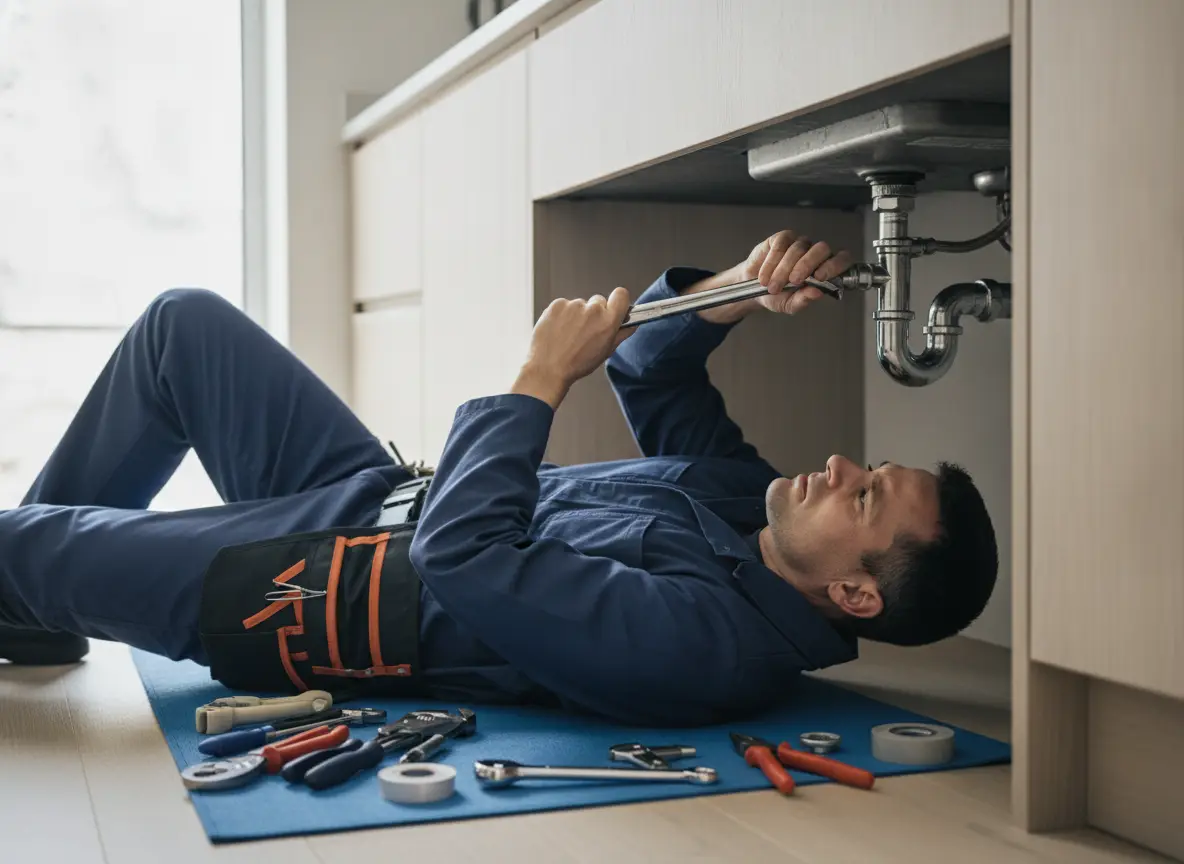Professional plumber working under a modern sink with tools