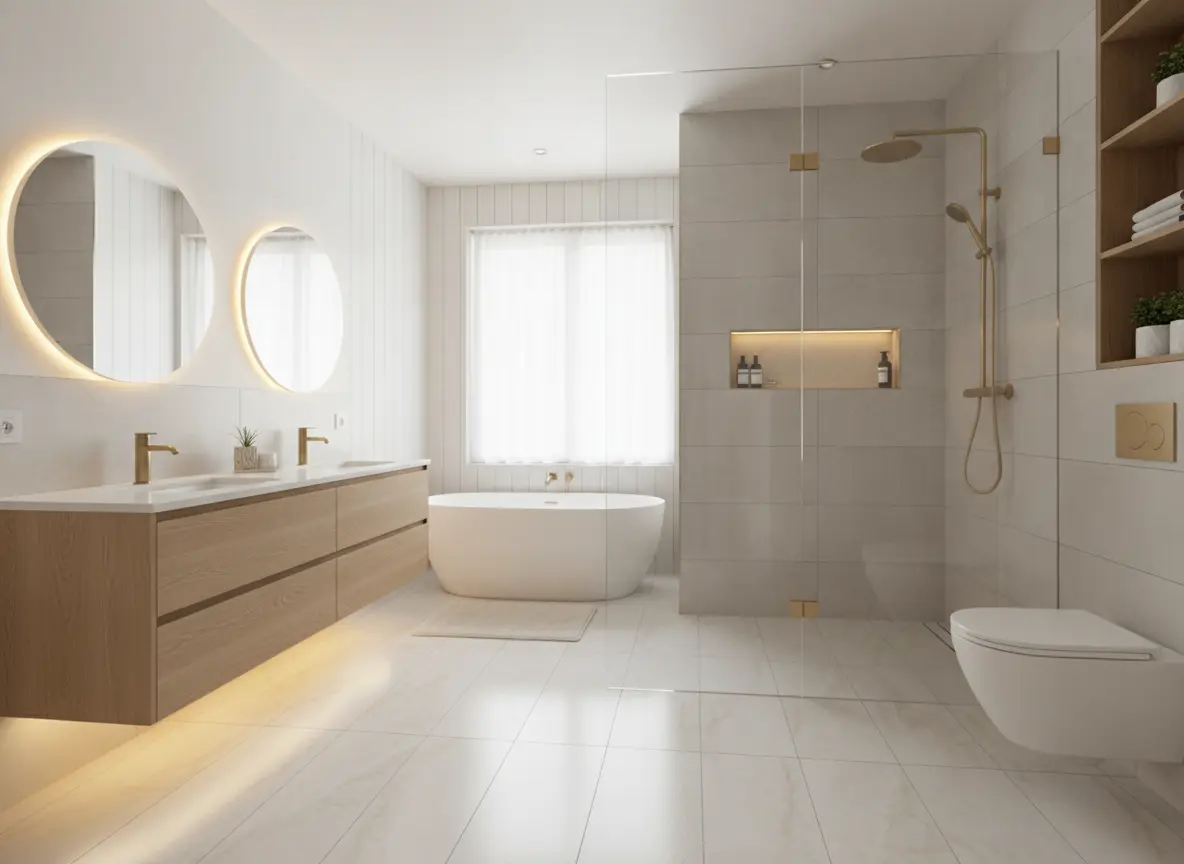 Remodeled bathroom with a walk-in glass shower