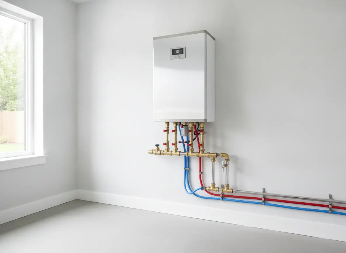 New high-efficiency water heater and plumbing manifold installed in a utility room
