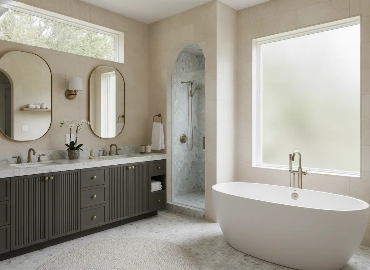 A luxurious remodeled master bathroom with a freestanding soaking tub