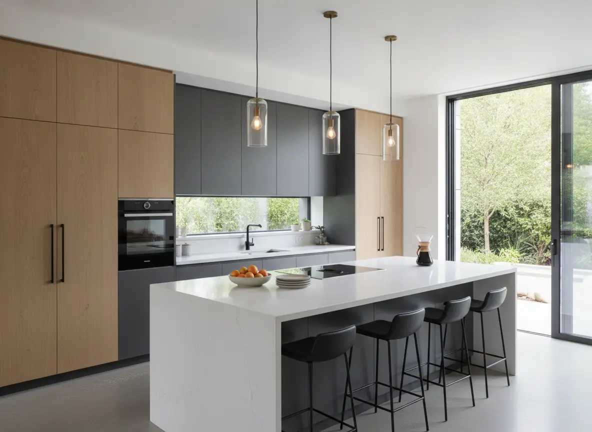 A remodeled modern kitchen with custom cabinetry and a large island