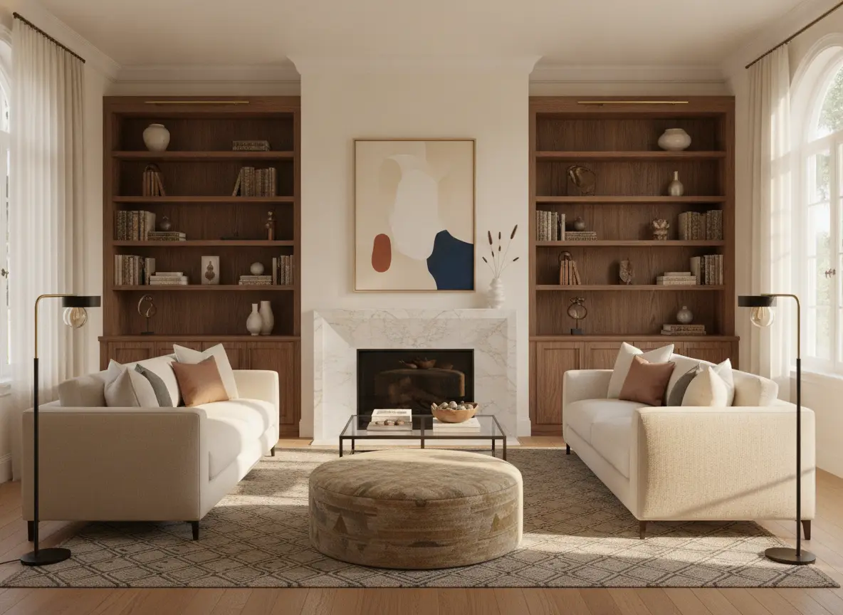 A warm remodeled living room with built-in shelving and a fireplace