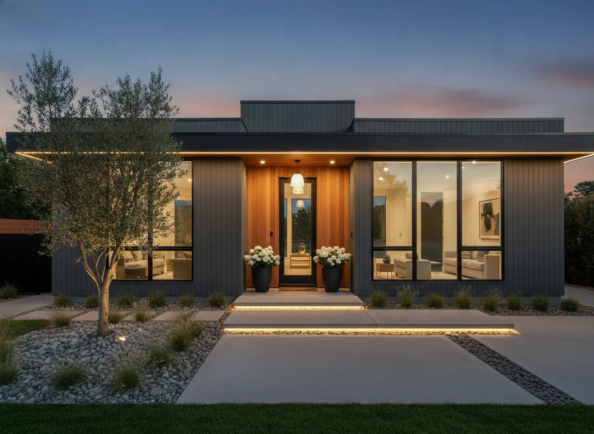 A beautifully renovated modern home exterior at dusk