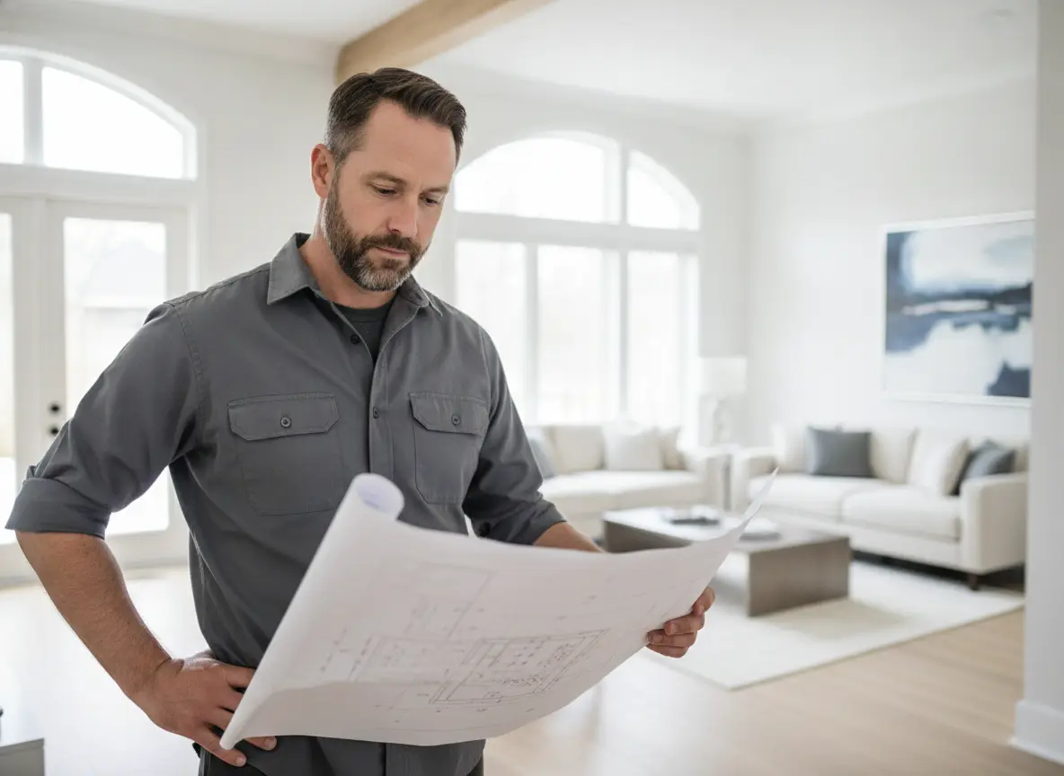 A remodeling contractor reviewing plans in a bright, freshly renovated home