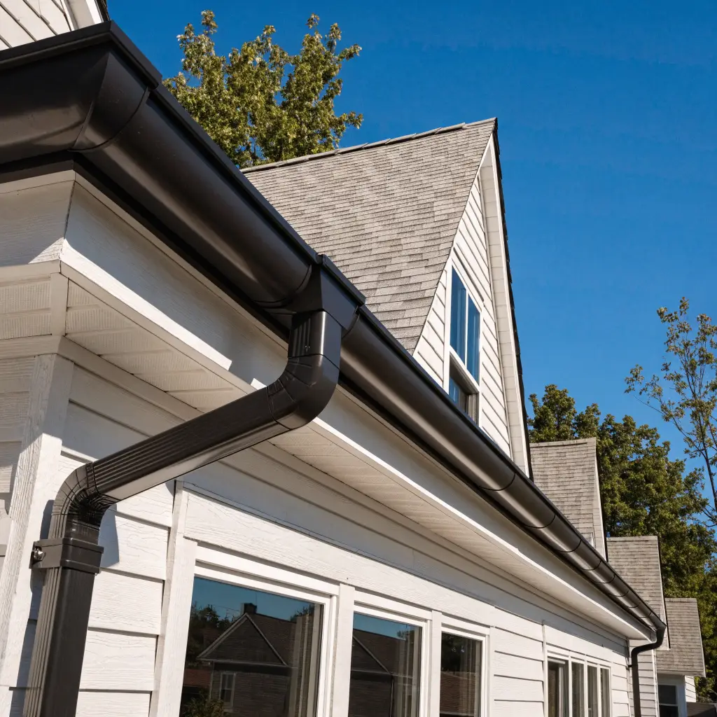 New seamless dark gutters along a home's eaves