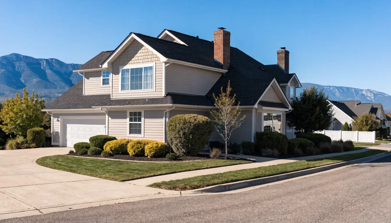 Two-story home with a new dark shingle roof