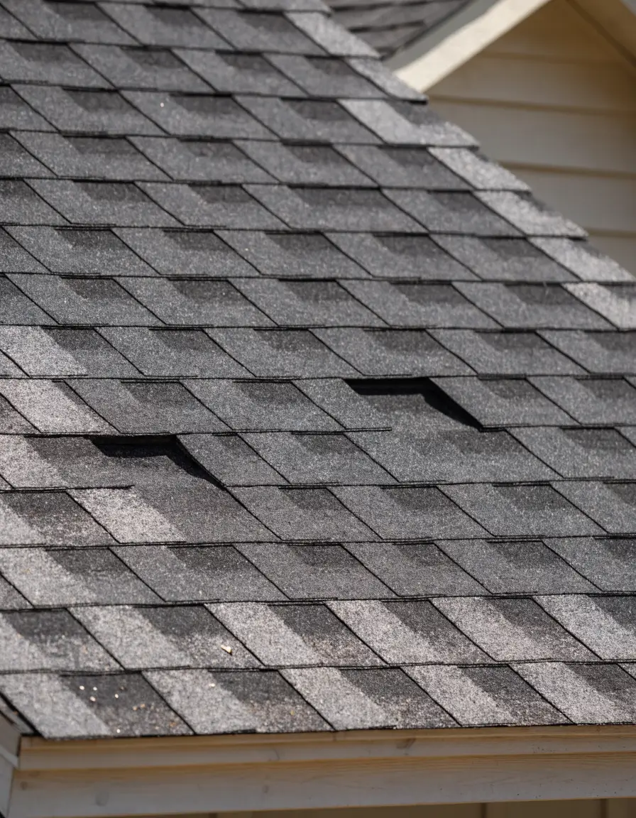Freshly repaired section of asphalt shingles