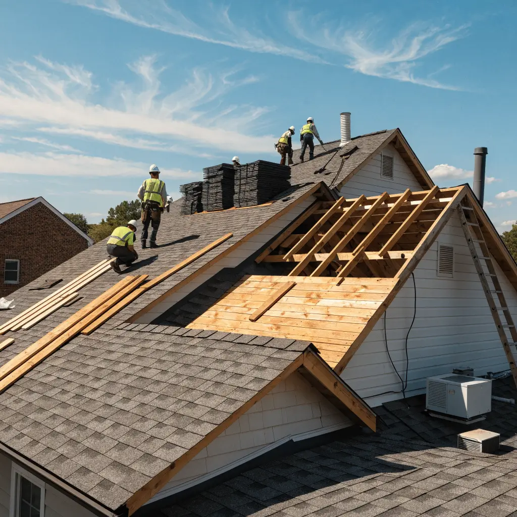 Roof replacement in progress with exposed decking and crew