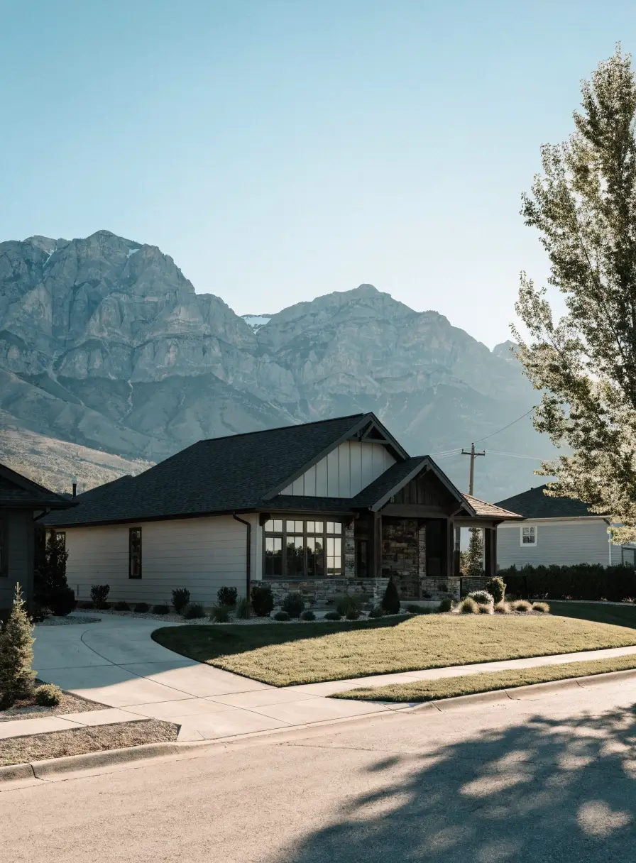Craftsman home with a new charcoal asphalt shingle roof and mountains behind